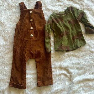 Mud Pie baby boy brown corduroy overalls with long sleeve moose shirt 9-12 month
